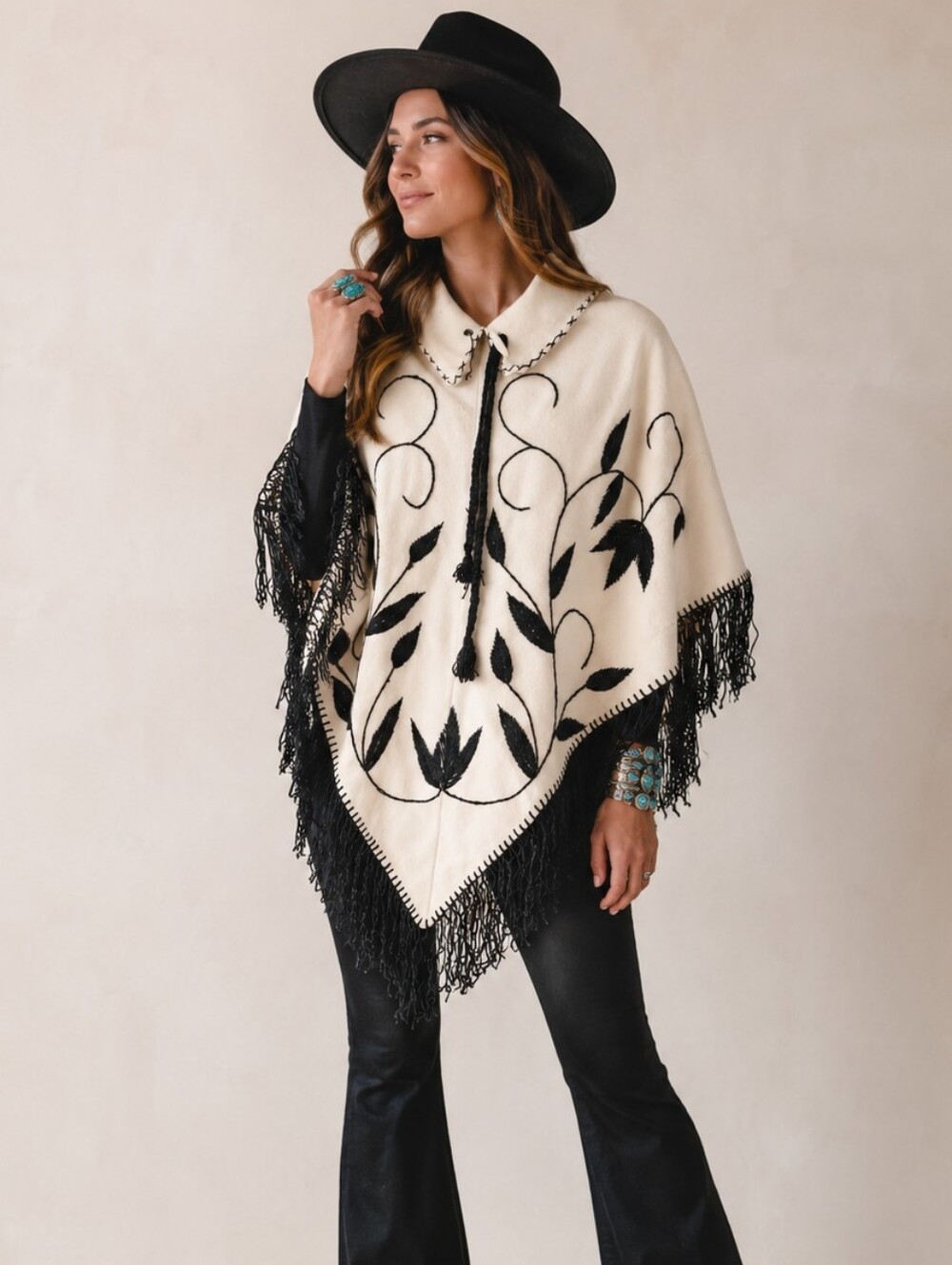 Vintage Embroidered Wool Poncho One Size Fringed Western Black & White